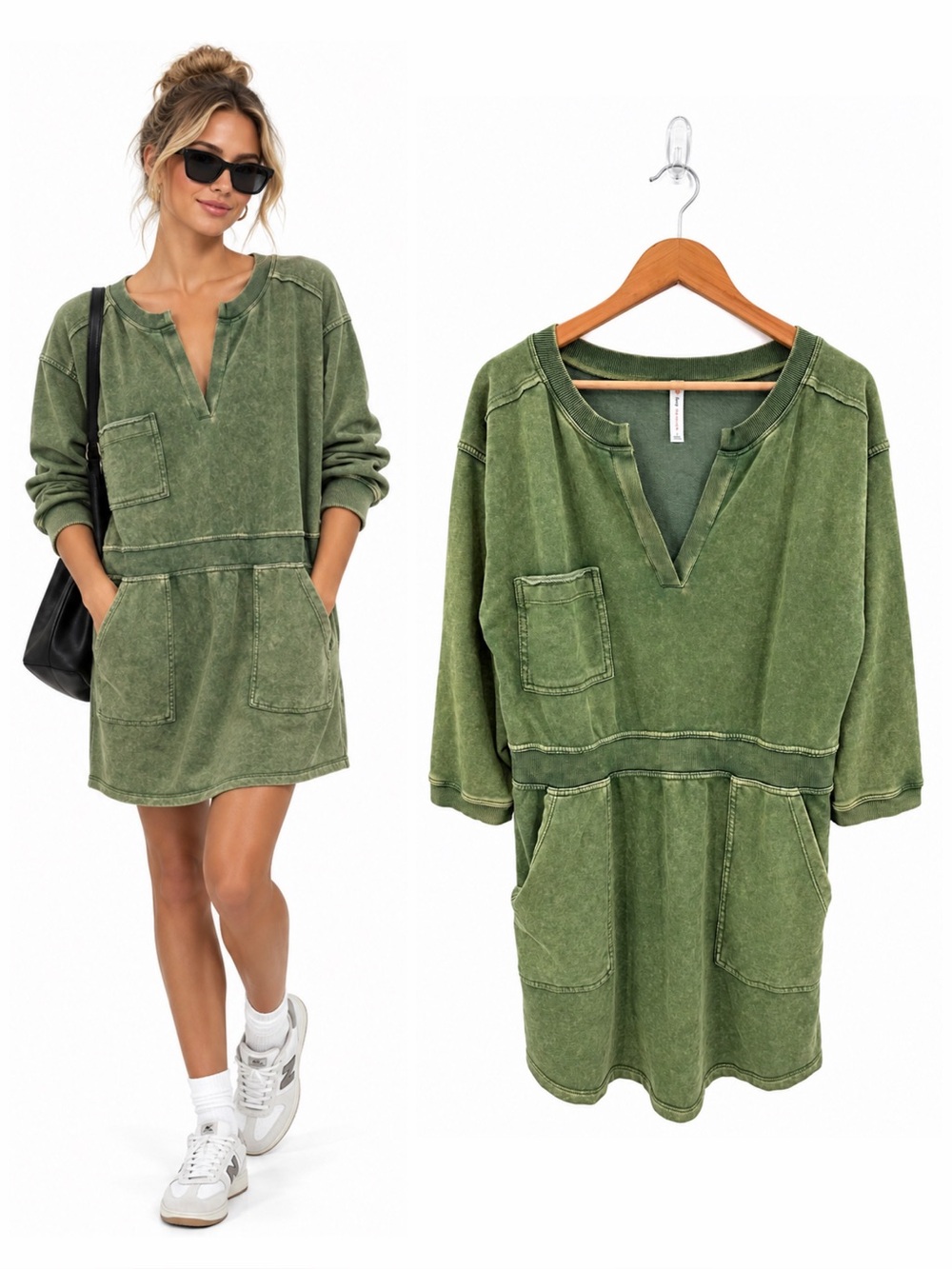 Anthropologie Daily Practice Sweatshirt Dress L Green Mineral Wash Pocket